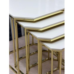 Hilal 4'lü Zigon Sehpa Takımı - Lüks Metal İskeletli Sekizgen Sehpa Seti GOLD AYTAŞI MDF